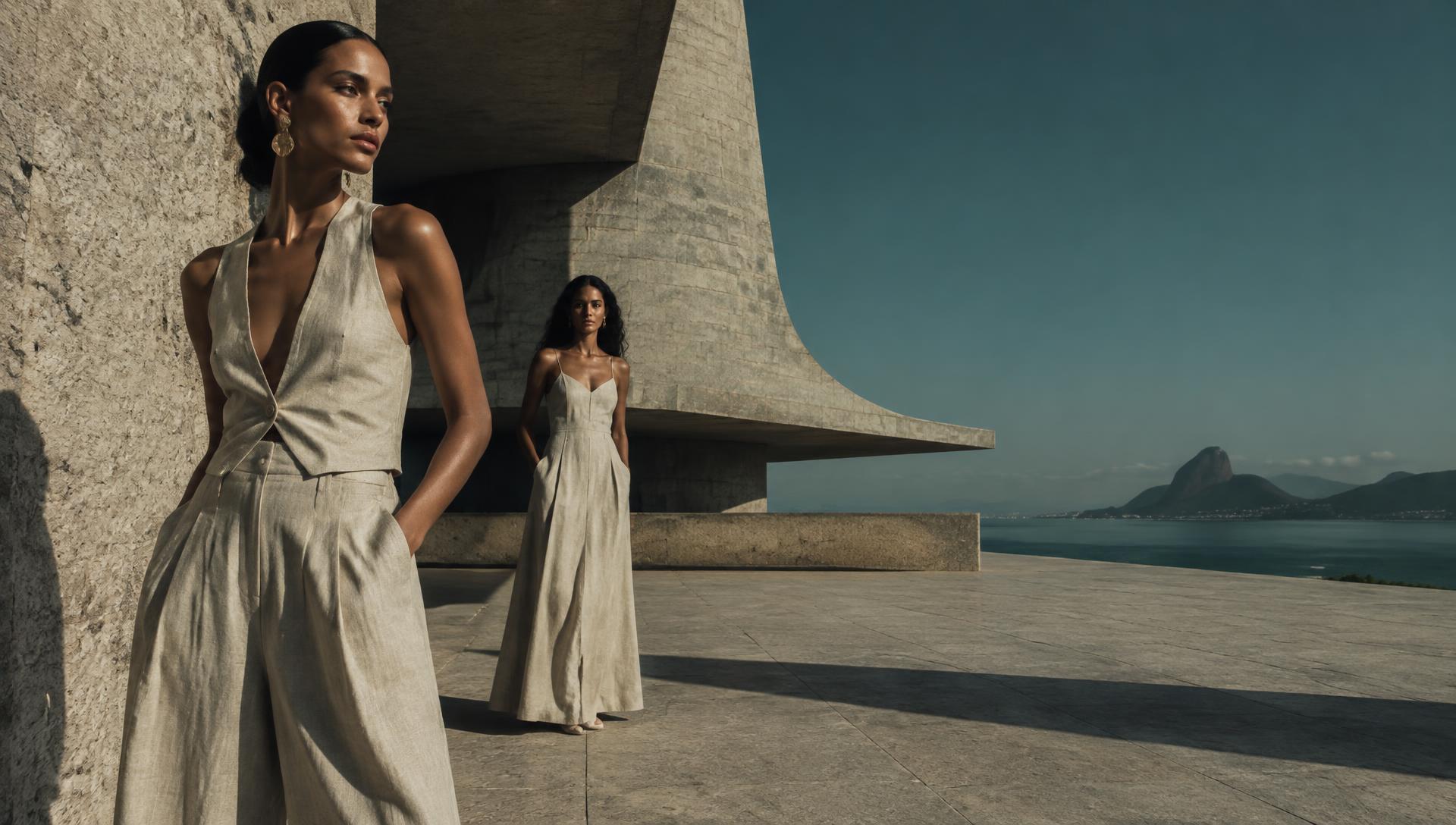 Duas modelos em cenário de concreto com sombras naturais