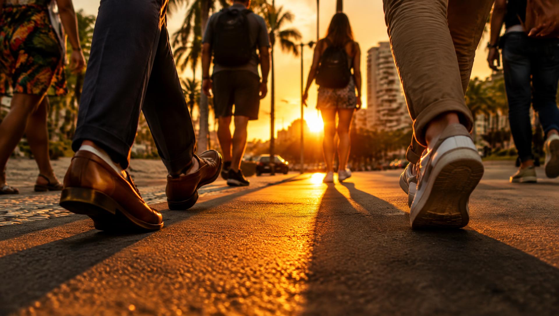 Calçados em rua urbana ao entardecer
